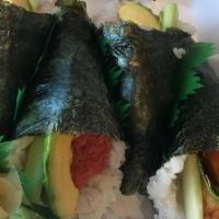 Spicy Tuna Hand Roll · Cone shaped roll.