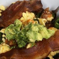 The Cross Fit Breakfast Bowl · Pintos, spinach, kale, avocado, salsa verde, scrambled eggs, and bacon.