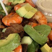 Shrimp & Bacon Salad · Mixed greens, shrimp, bacon, and avocado with vinaigrette.