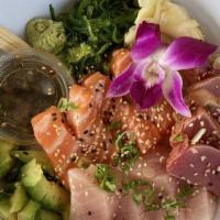 The Sushi Bowl · Sushi rice, sashimi, seared ahi tuna, salmon and yellowtail, seaweed salad, avocado, wasabi ...