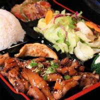 Teriyaki Chicken Box · Chopped marinated chicken topped with teriyaki sauce, served with rice, salad, jabchae, and ...