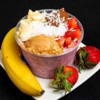 Fruitella Bowl · Base: apple juice, blueberries, fresh banana, frozen yogurt. Toppings: granola, banana, stra...