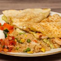 Mexibachi Quesadillas · Quesadilla stuffed with your choice of protein. Served with a side of fried rice, veggies an...