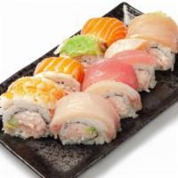 Rainbow Roll · (Fresh Roll) California roll topped with, tuna, albacore, salmon, avocado, shrimp