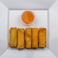 Egg Rolls (5 Pieces) · Egg roll skin stuffed with vegetable, deep fried, and served with sweet chili sauce.