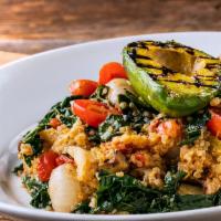 Quinoa Bowl · Spinach, blistered tomatoes, seasonal vegetables, grilled avocado, served warm.