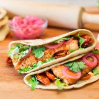 Seafood Tacos · Mesquite-grilled steelhead salmon or lightly fried shrimp , flour tortillas, chili aioli, bl...