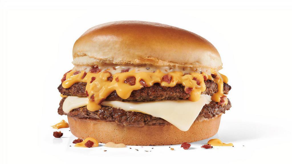 Double Bacon Cheesy Jack  · Two is always better than one. Take for example double the 100% beef seasoned as it grills, two types of bacon (bacon crumbles and creamy bacon mayo), and two cheeses (cheddar cheese sauce and Swiss style). See? Way better.