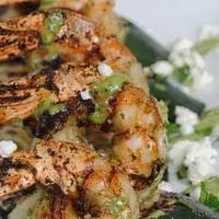 Grilled Pesto Shrimp · Grilled zucchini and crumbled feta cheese.