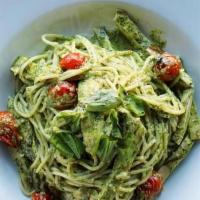 Pesto Di Pollo · spaghettini, chicken, blistered tomatoes, and asparagus.