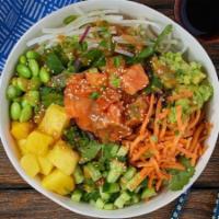 Mango Salmon Bowl · Your choice of white rice or mixed greens topped with Fresh Salmon, Mango, Cucumber, Daikon ...