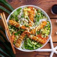 Ultimate Crispy Shrimp Bowl · Your choice of white rice or mixed greens topped with Stonie size portions of Panko Crusted ...