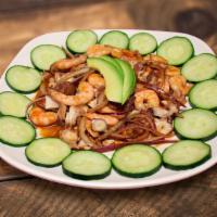 Shrimp & Octopus · Cooked shrimp, octopus, sliced cucumber red onion, avocado tossed, and our delicious salsa n...