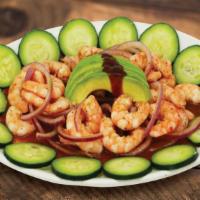 Shrimp Platter · Cooked shrimp, slices cucumber, red onion, avocado tossed, and our delicious salsa negra.