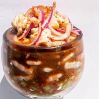 Campechana · Shrimp, octopus, scallops in aguachile sauce.