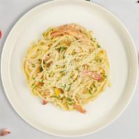Linguine Shrimp · Linguine served with a creamy white sauce with shrimp, white wine, lemon juice, red pepper f...
