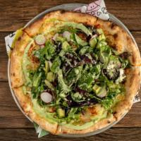 Green Goddess Pizza · Mozzarella, Provolone Crema, Mixed Baby Lettuce, Red Radish, Basil, Dill, Mint, Avocado, Gre...