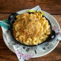 Lrg Mac + Cheese · Creamy Five Cheese Sauce, Breadcrumbs