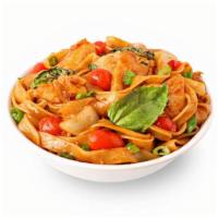 New! Drunken Noodles · Steamed white meat chicken, rice noodles, red bell peppers, onions, scallions, garlic  chili...
