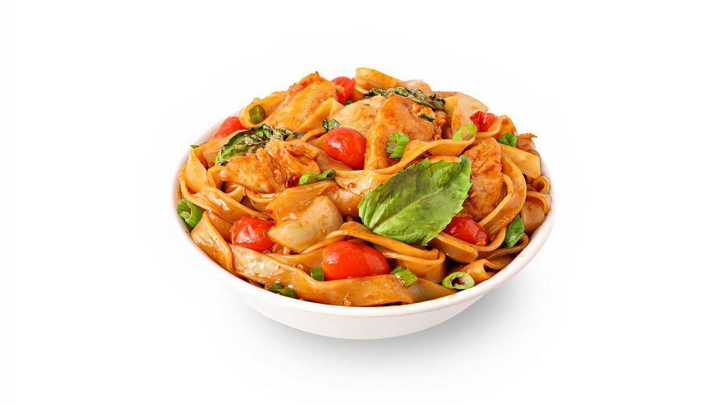 New! Drunken Noodles · Steamed white meat chicken, rice noodles, red bell peppers, onions, scallions, garlic  chili paste and egg. Tossed in a savory sweet and spicy sauce with fresh basil.