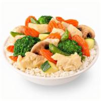 Chicken And Vegetables · White chicken with zucchini, carrots, broccoli, mushrooms, water chestnuts and snap peas in ...
