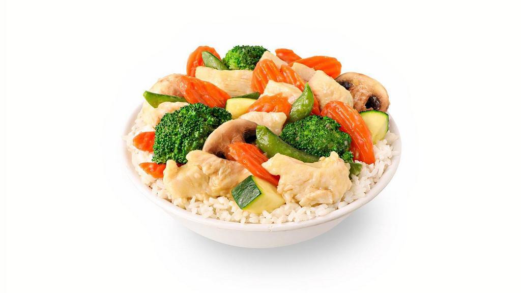 Chicken And Vegetables · White chicken with zucchini, carrots, broccoli, mushrooms, water chestnuts and snap peas in a white wine sauce.