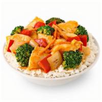 Thai Coconut Curry Chicken  · Steamed white meat chicken, garlic, red bell peppers, onions and broccoli. Tossed in a cream...