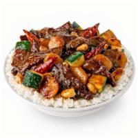 Kung Pao Beef · Spicy - A blazing sauce with seared chilies, peanuts, water chestnuts, zucchini and dry chil...