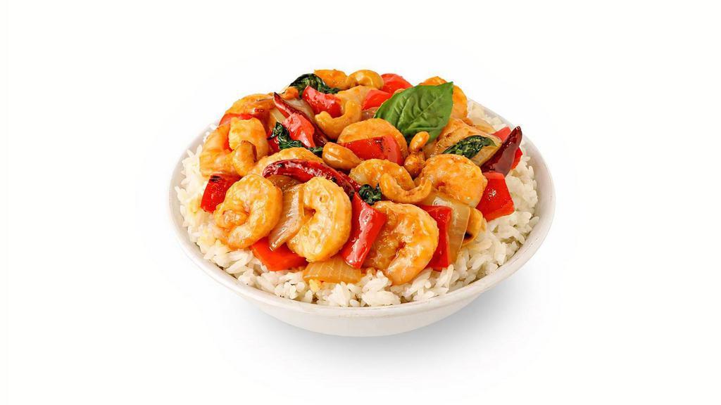 Thai Basil Cashew Shrimp · With white onions, red bell peppers, fresh basil & chili peppers wok’d in our savory sweet & mildly spicy cashew sauce.