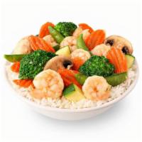 Shrimp And Vegetables · Gluten Free - Succulent shrimp with zucchini, carrots, broccoli, mushrooms, water chestnuts ...