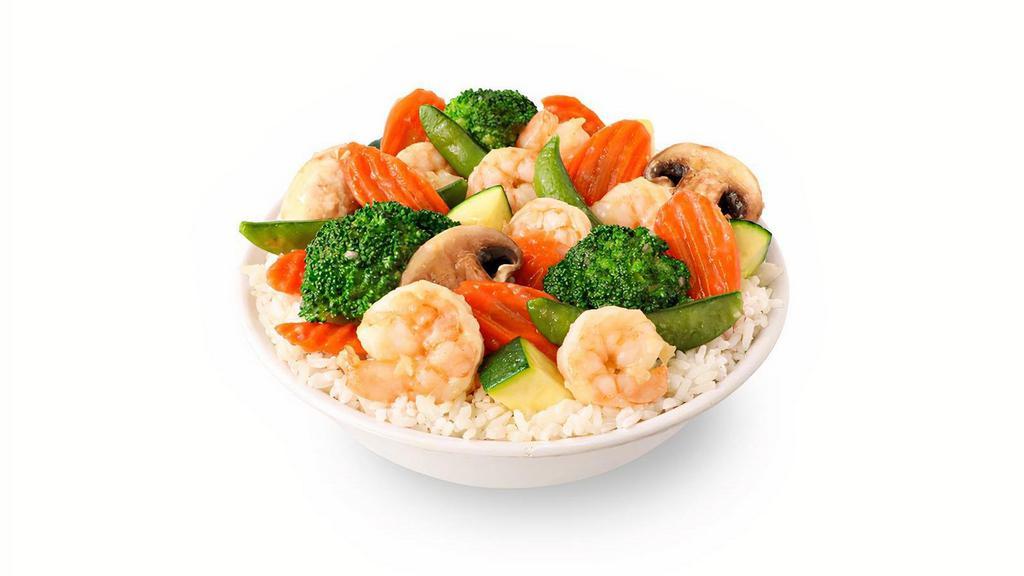 Shrimp And Vegetables · Gluten Free - Succulent shrimp with zucchini, carrots, broccoli, mushrooms, water chestnuts and snap peas in a white wine sauce.