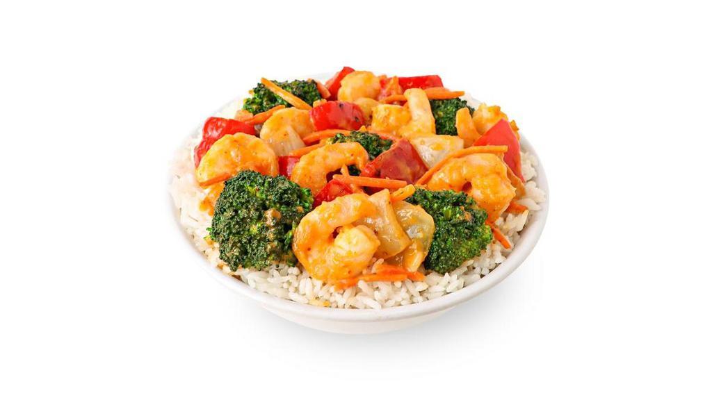 Thai Coconut Curry Shrimp · Spicy - Fresh red peppers, carrots, white onions and broccoli in our creamy Thai coconut curry. Gluten free.