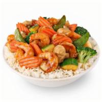 Garlic Shrimp · Freshly wok'd garlic,  zucchini, carrots, broccoli, mushrooms, water chestnuts and snap peas...