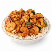 Kung Pao Shrimp · Spicy - A blazing sauce with seared chilies, peanuts, water chestnuts, zucchini and dry chil...