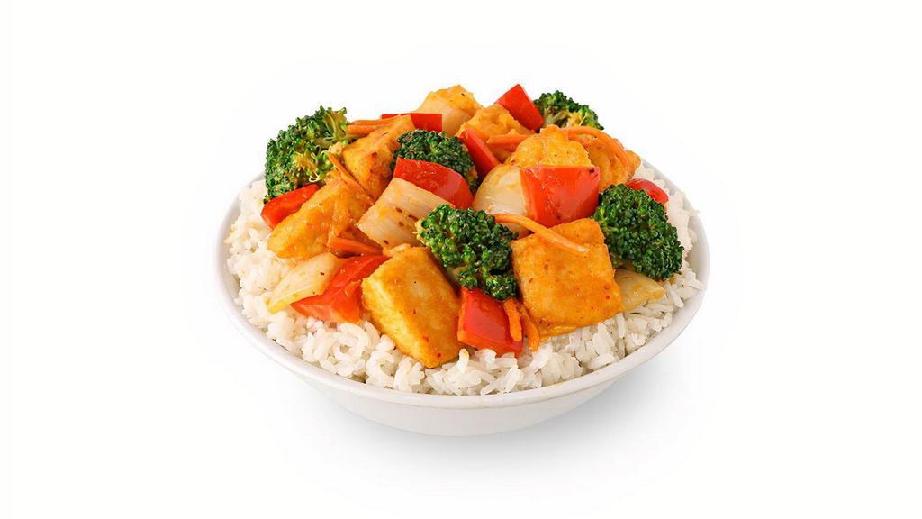 Thai Coconut Curry Tofu · Crispy tofu, garlic, red bell peppers, onions and broccoli. Tossed in a creamy Thai coconut curry sauce. Somewhat spicy.