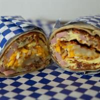 Mixed Breakfast Burrito · Bacon, Sausage & Ham with Three Eggs, Hash Browns, Cheese and Salsa