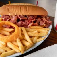 Pastrami Sandwich Combo · Pastrami on a French Roll with Mustard & Pickles Served with French Fries and a Medium Soft ...