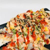 Spicy Tuna Poke Roll · Spicy Tuna Roll With Salmon,Tuna,Seaweed,Edamame,Corn,Masago,Onion,Cucumber