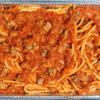 Spaghetti With Meat Sauce (Family Portion) · Spaghetti pasta topped with beef and sausage marinara sauce.