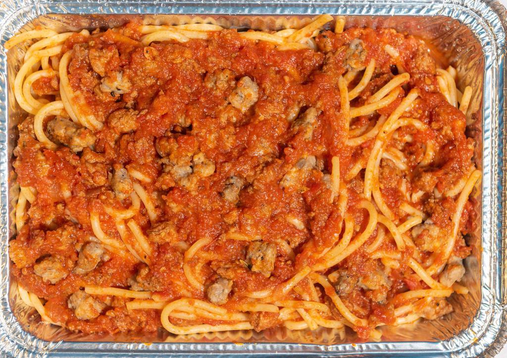 Spaghetti With Meat Sauce · Vegetarian, Vegan. (serves 4-6) spaghetti pasta topped with beef and sausage marinara sauce