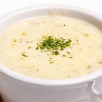 Baked Potato Chowder · Gluten-Free, Vegetarian.(serves 4) creamy soup with chunks of potato, and real sharp cheddar