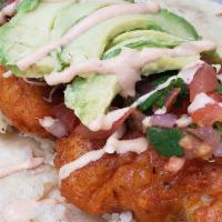 Baja Fish · Beer battered fish, pico de gallo, cabbage, avocado, house sauce.