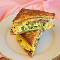 Vegan Jo'S Breakfast Sandwich · gluten-free | vegan | tofu scramble, mushroom sausage, provolone cheese, chipotle cream, bri...