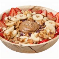 Acai - Protein Bowl · • Base:  Amazonian acai, banana, vanilla protein.. • Toppings:  Banana, strawberries, almond...