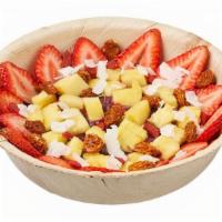 Berry Blast Bowl · • Base:  Blueberries, strawberries, dried cranberries, banana.  . • Toppings:  Goji berries,...