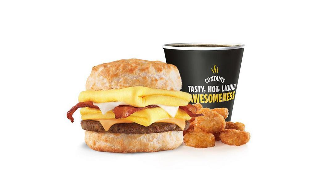 Monster Biscuit® Combo · Crispy bacon, sausage patty, two folded eggs, Swiss & American cheeses on a buttermilk biscuit. Served with Hash Rounds® and a Beverage.. Breakfast served until *10:30am (*Hours may vary by day)