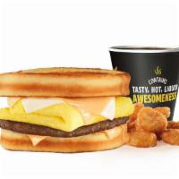 Grilled Cheese Breakfast Sandwich Combo · Grilled sausage, American and Swiss cheeses, and folded egg on sourdough toast. Served with ...