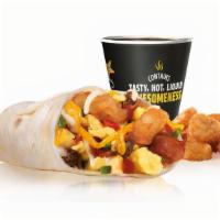 Loaded Breakfast Burrito Combo · Sausage, bacon bits, scrambled eggs, Hash Rounds®, shredded cheese, fresh salsa, wrapped in ...