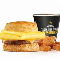 Sausage Egg & Cheese Biscuit Combo · Grilled sausage, folded egg, American cheese on a buttermilk biscuit. Served with Hash Round...