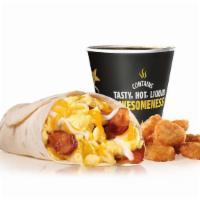 Bacon, Egg And Cheese Burrito Combo · Crispy bacon, scrambled eggs, shredded cheese, wrapped in a warm flour tortilla. Served with...